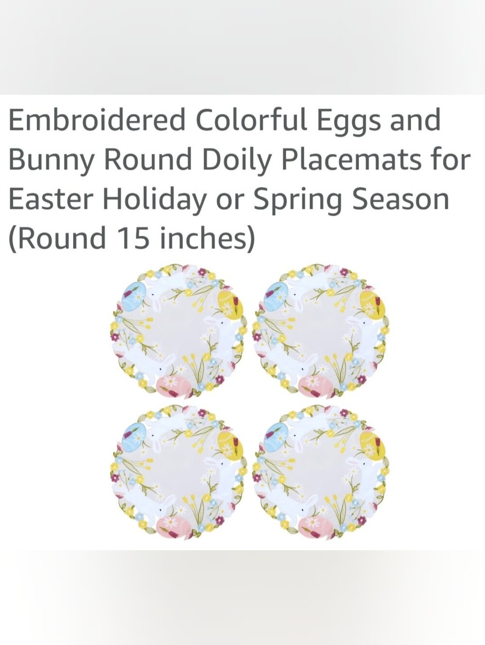 Set of 4 Embroidered Easter Bunny & Egg Round Placemats 15"